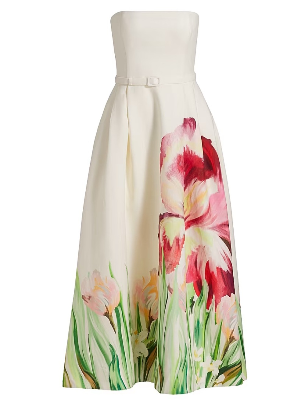 NICHOLAS Cream Strapless Floral A-Line Gown with Pink & Green Print